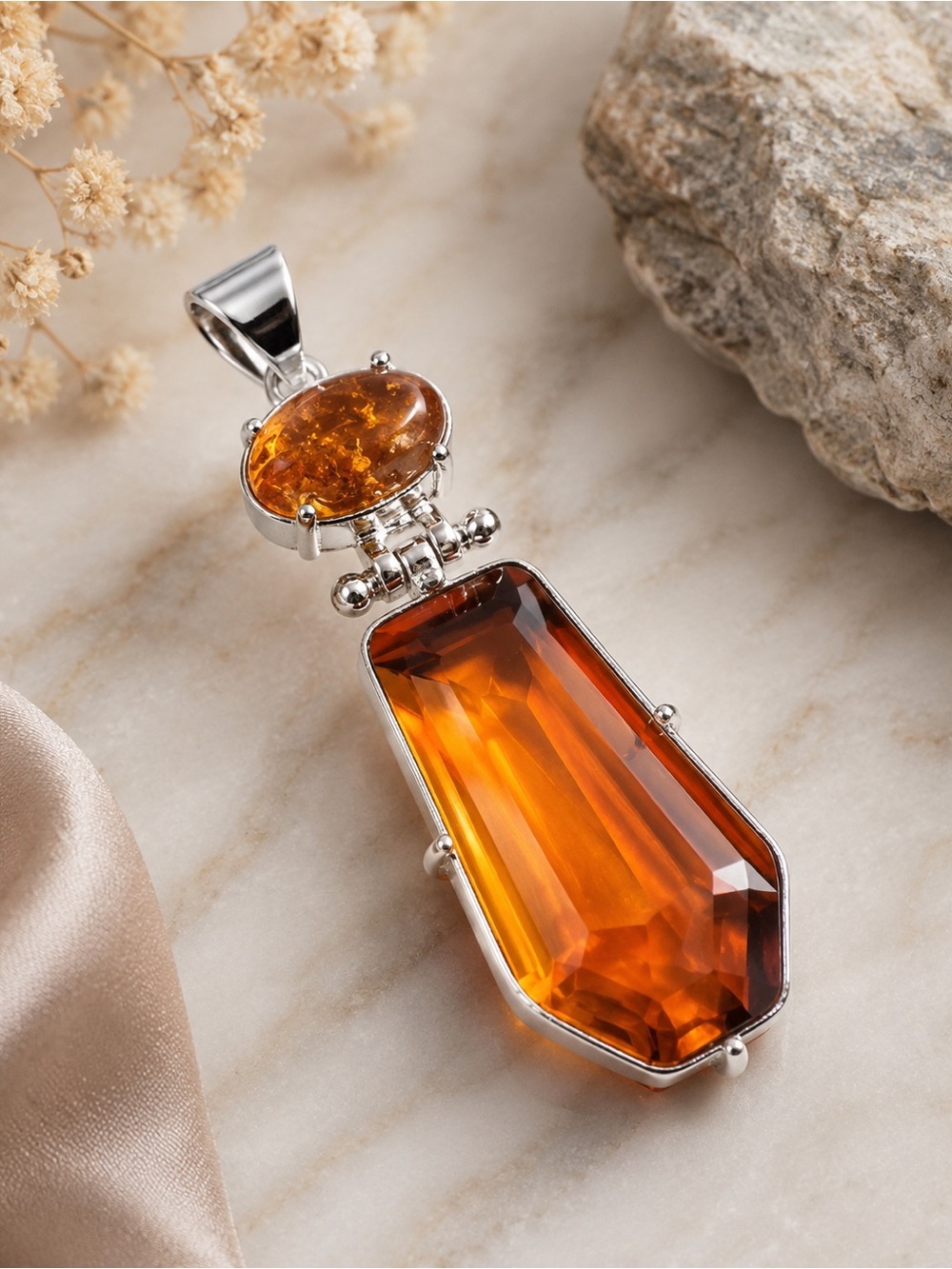 Artisan SilverAmber and Crystal Glass Pendant with Deep Orange Gemstones